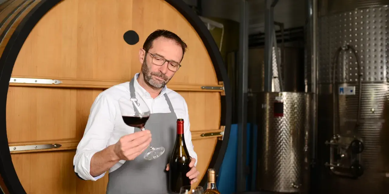 Un enologo esperto valuta un bicchiere di vino rosso, con una bottiglia in mano, davanti a una grande botte di legno e serbatoi d'acciaio.
