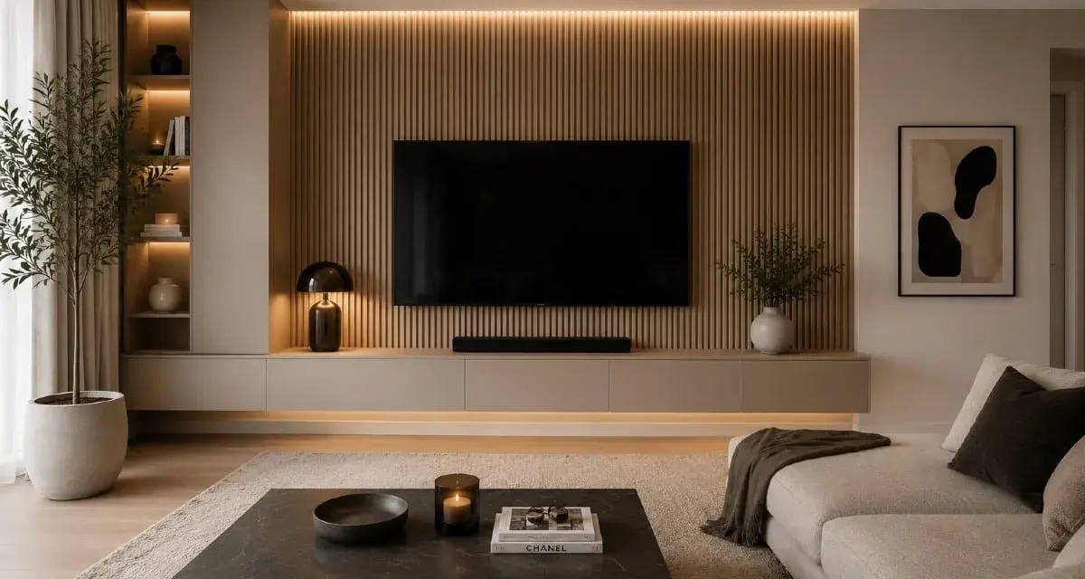 Modernt tvrum med inspiration från naturen. Ljusa färger, träpanel och en stor soffa skapar en ombonad känsla.