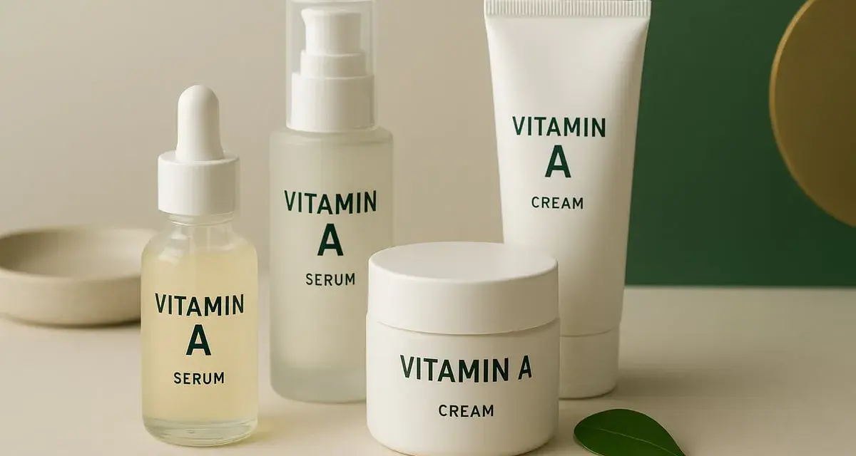 En samling hudvårdsprodukter med vitamin A, inklusive serum och krämer, för en strålande hud.