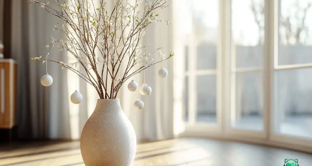 Eine Bodenvase mit Zweigen und kleinen Kugeln, die wie zarte Blüten aussehen. Ein schönes Beispiel, wie man eine Bodenvase dekorieren kann.