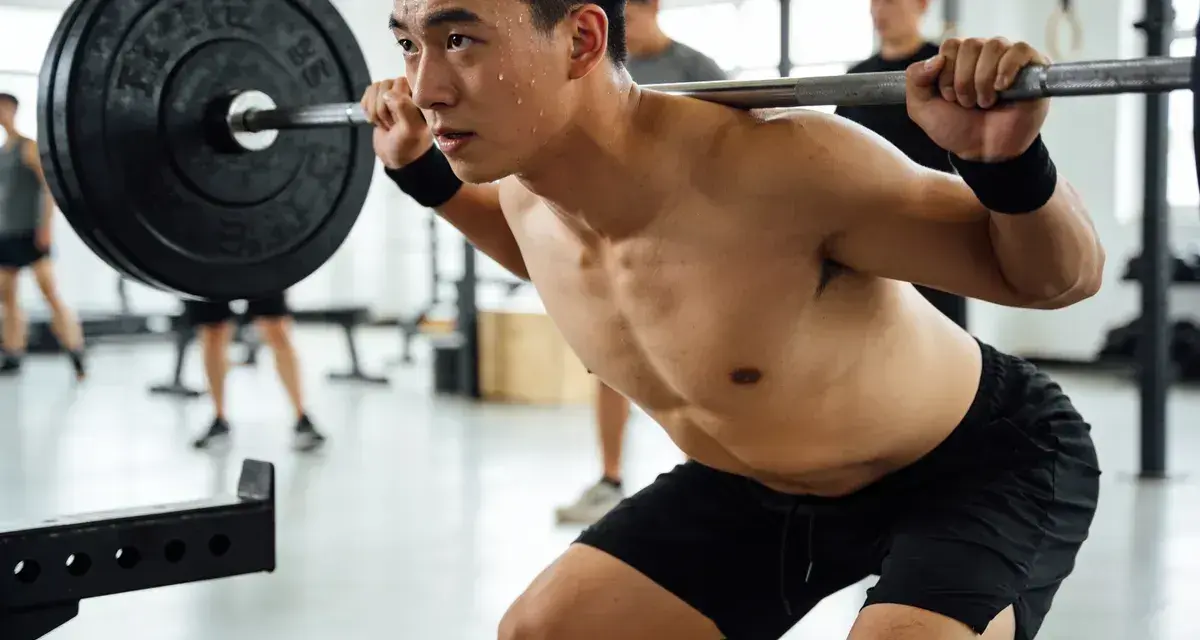 Un homme transpire en faisant un squat avec une barre chargée, un exercice clé pour un programme musculation prise de masse.