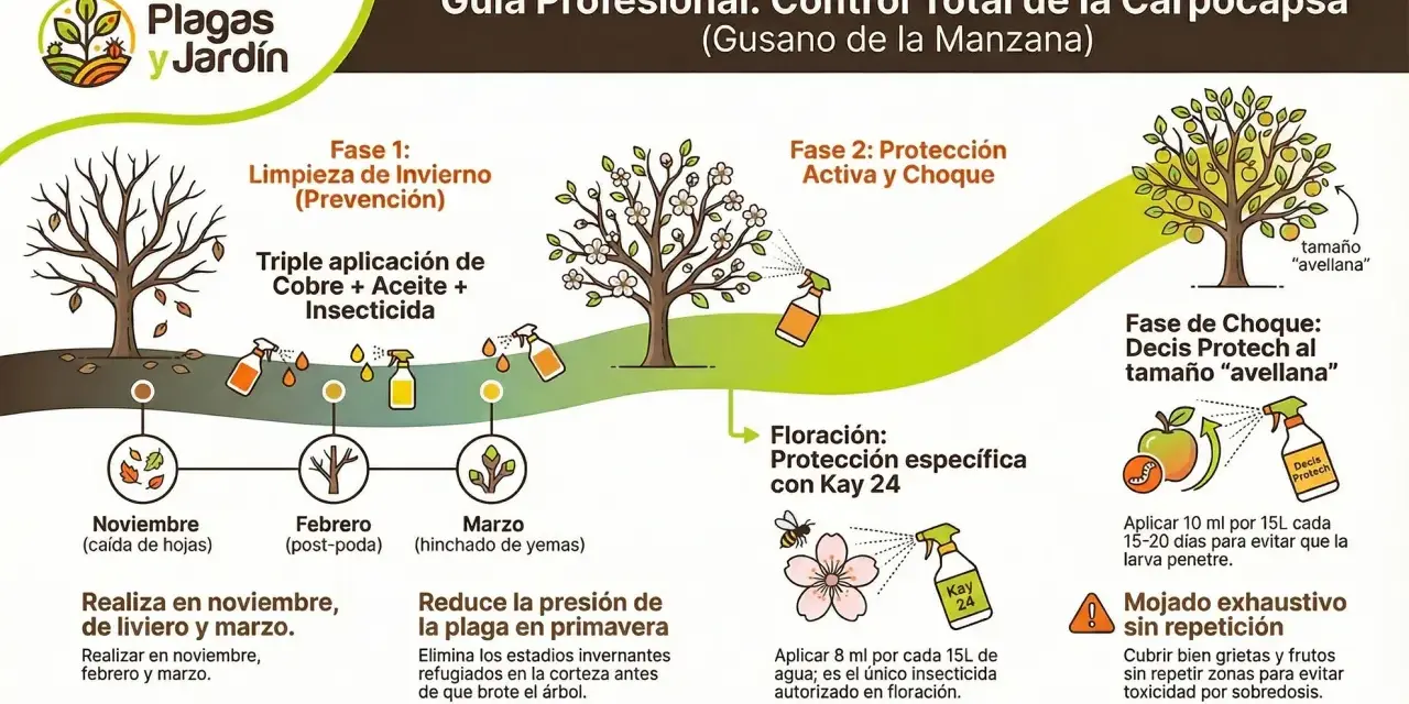 Guía para controlar la carpocapsa (gusano de la manzana) con tratamientos preventivos en invierno y protección activa en floración.