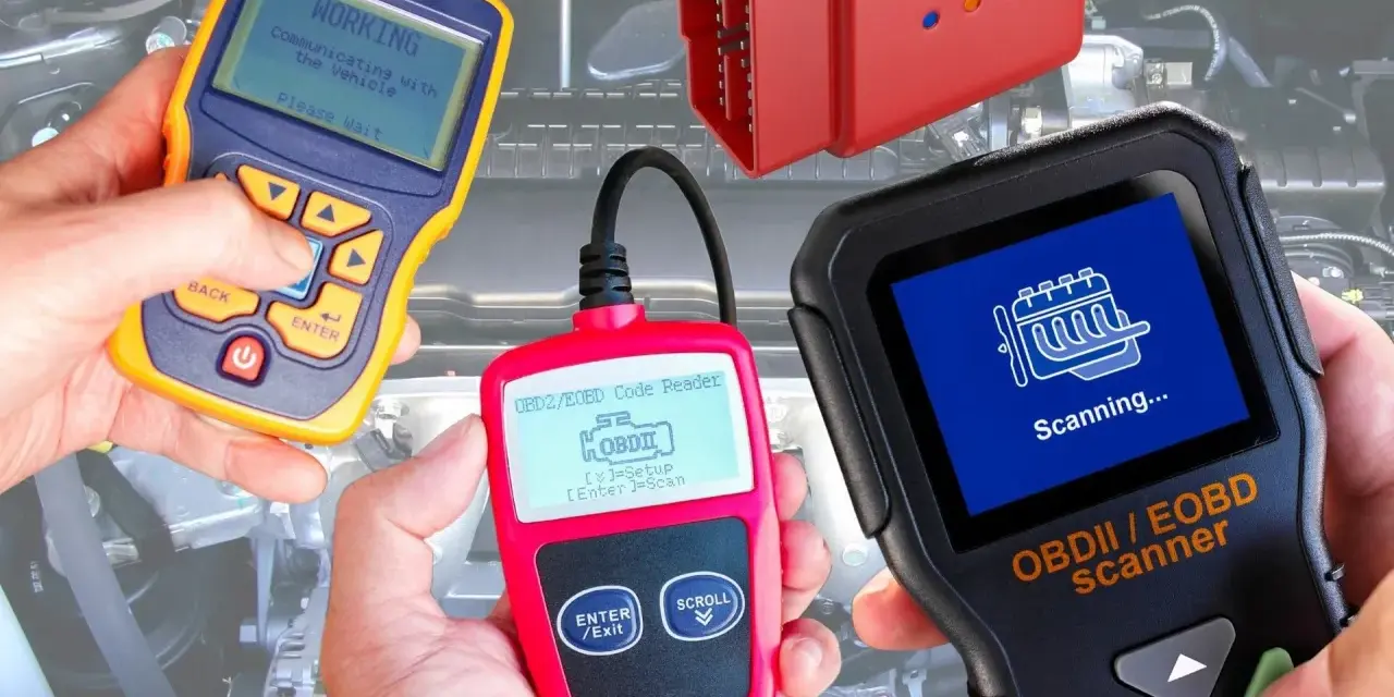 Trzy skanery OBDII w akcji, jeden pokazuje "WORKING", inny "Scanning...", gotowe do diagnozy DTC U0301 Volvo.