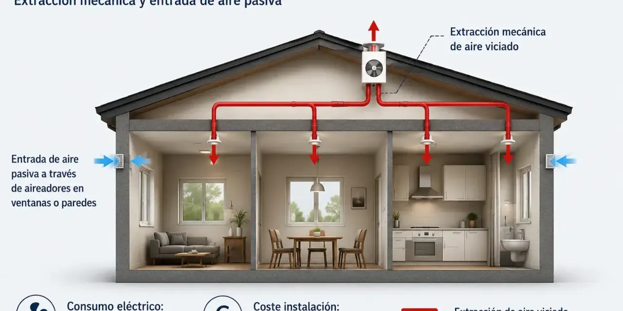 Diagrama de un sistema VMC de simple flujo que muestra la extracción de aire viciado y la entrada pasiva de aire fresco en una casa.