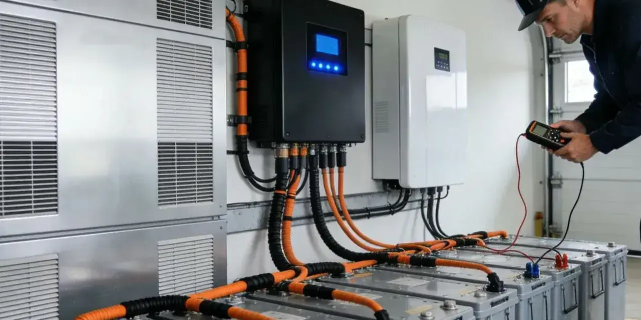 Instalacja magazynu energii 10kW. Technik sprawdza połączenia z akumulatorami. Sprawdź magazyn energii 10kw cena.