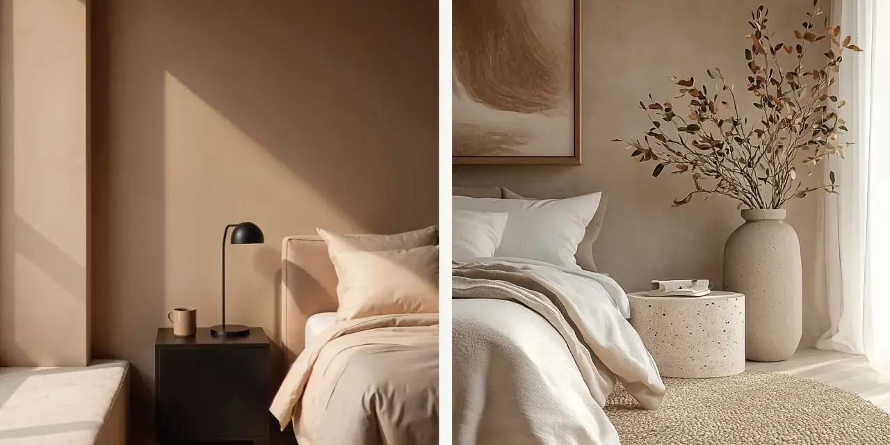 Un acogedor dormitorio en tonos tierra, con camas vestidas y detalles decorativos que invitan a la calma.