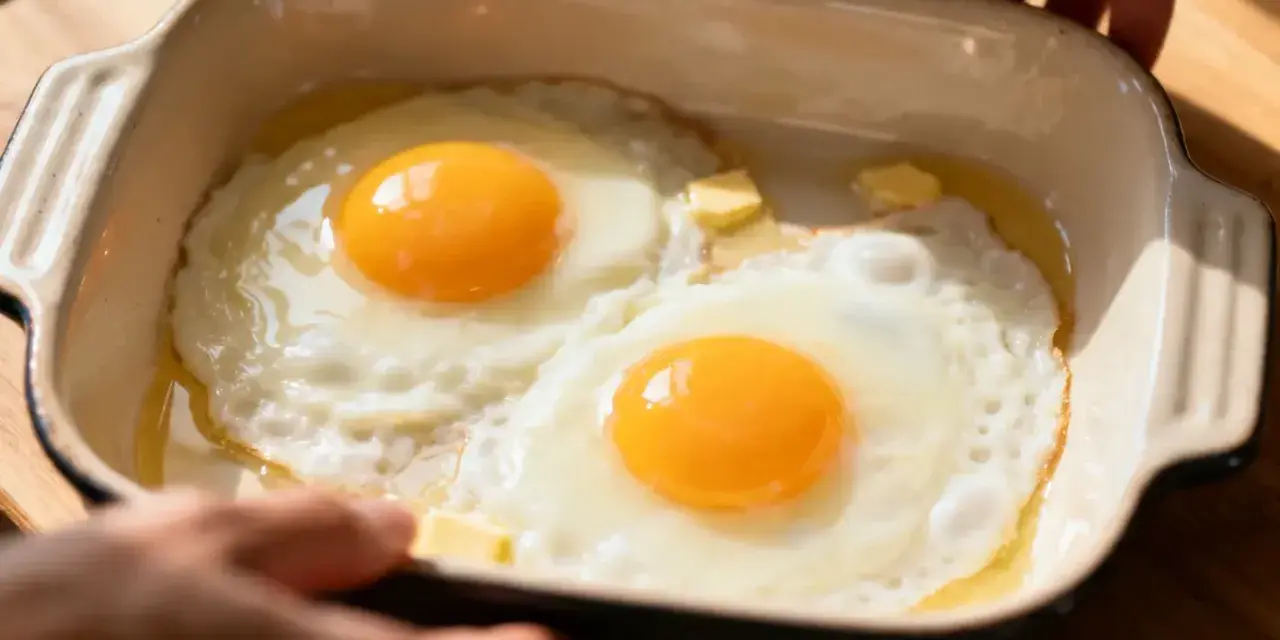 Deux œufs au plat dans un plat en céramique, parfaits pour une recette avec beaucoup d'œufs. Du beurre fond doucement.