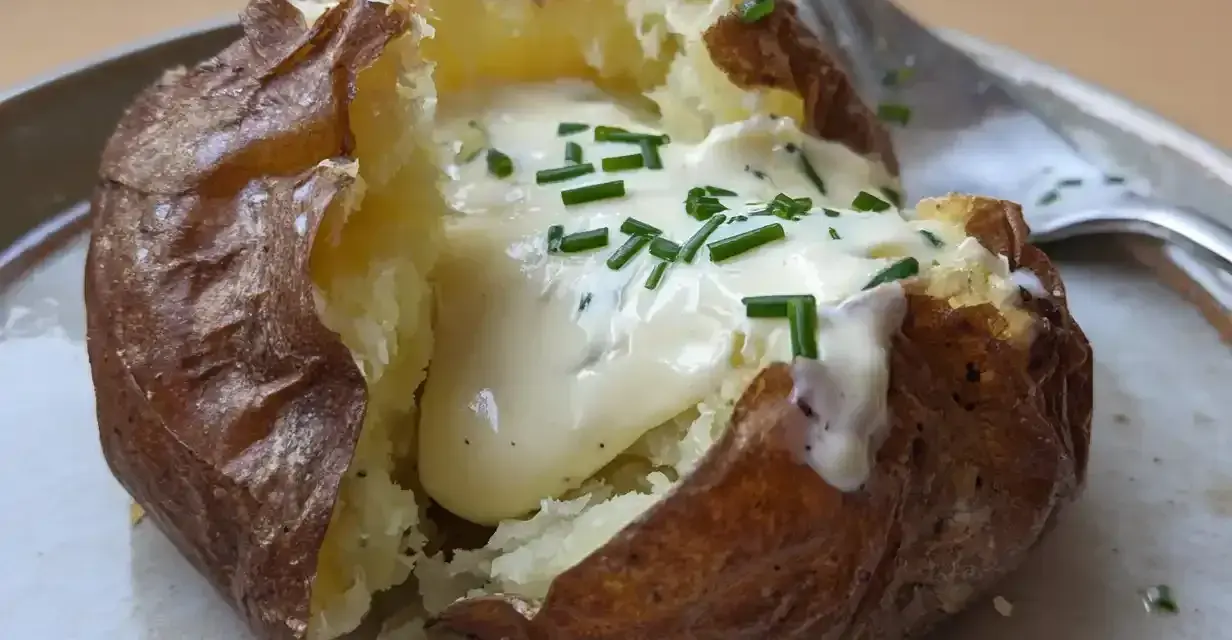 En perfekt bakad potatis med en krämig fyllning och färsk gräslök. En härlig och enkel rätt.