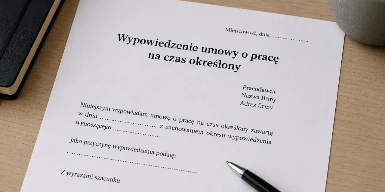 Dokument "Wypowiedzenie umowy o pracę na czas określony" z polem na wpisanie przyczyny. Długopis czeka na podpis.