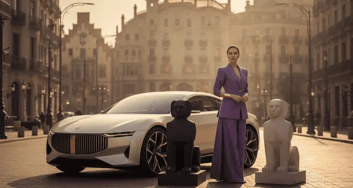 Mujer elegante junto a un carro moderno, flanqueada por estatuas de perros y una torre al fondo. Un guiño al tarot y al futuro.