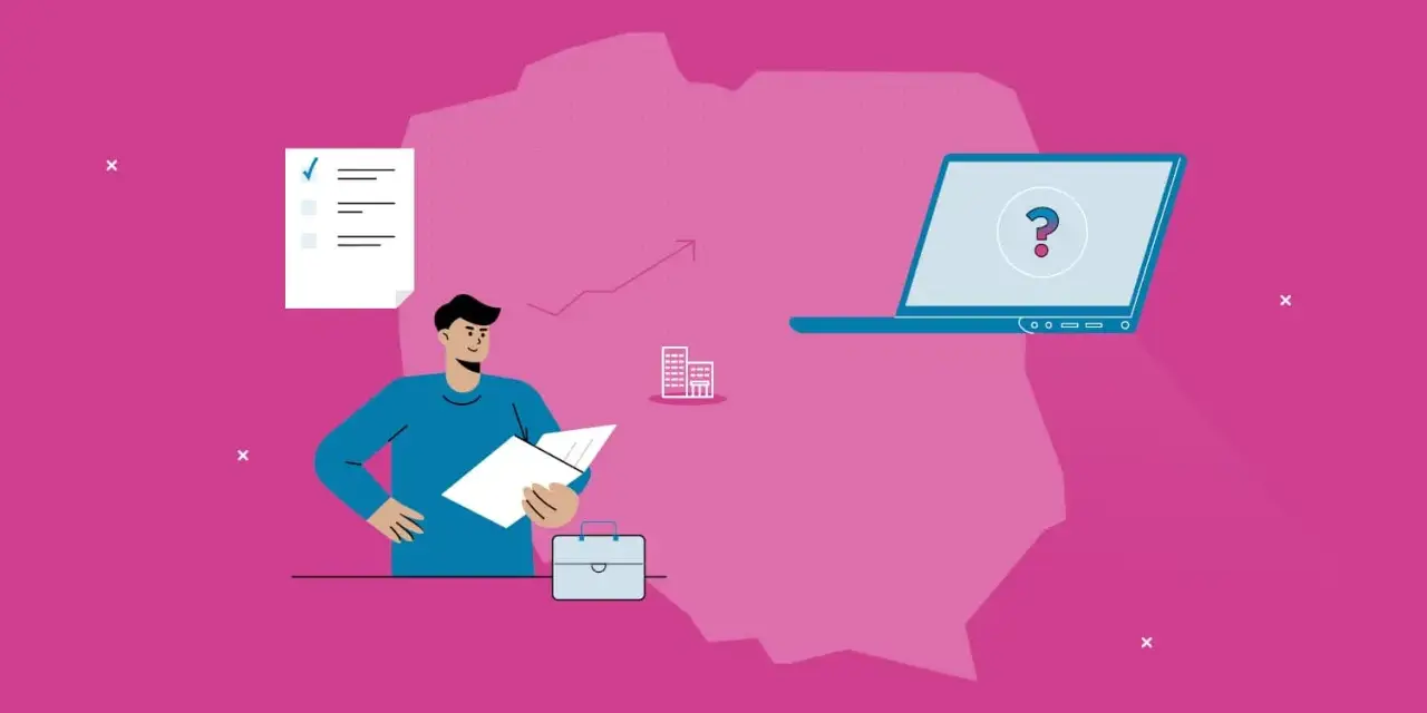 Ilustracja przedstawia mężczyznę z dokumentami, laptop z pytajnikiem i zarys Polski.