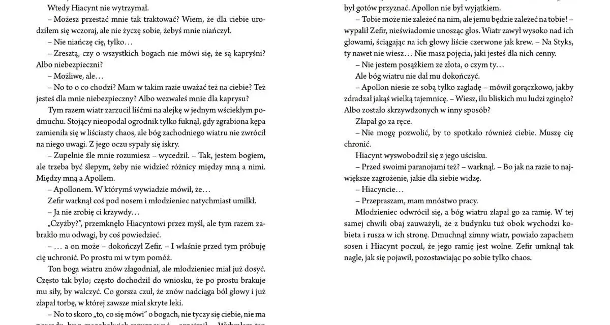 Zefir, bóg wiatru zachodniego, rozmawia z Hiacyntem.