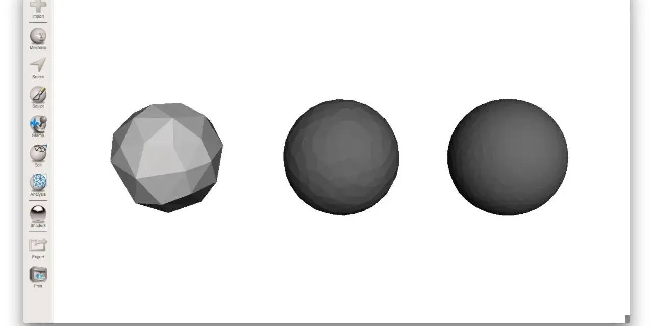 Autodesk Meshmixer: od importu do STL. Trzy modele sferyczne, od wielościanu do gładkiej kuli.