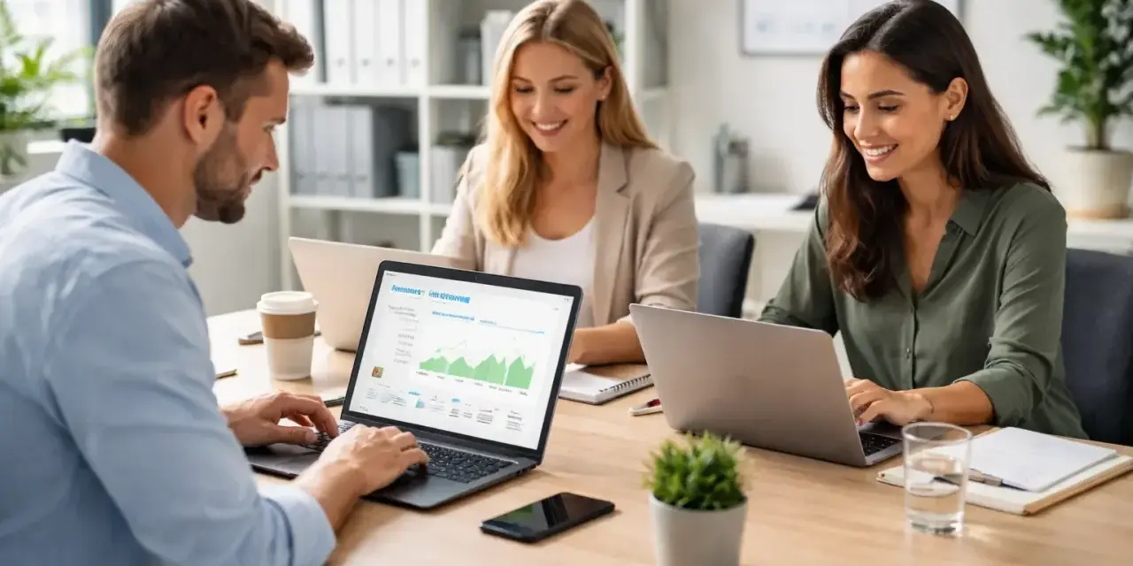 Equipo colaborando en estrategias de marketing digital, aprendiendo como hacer email marketing y analizando datos en laptops.