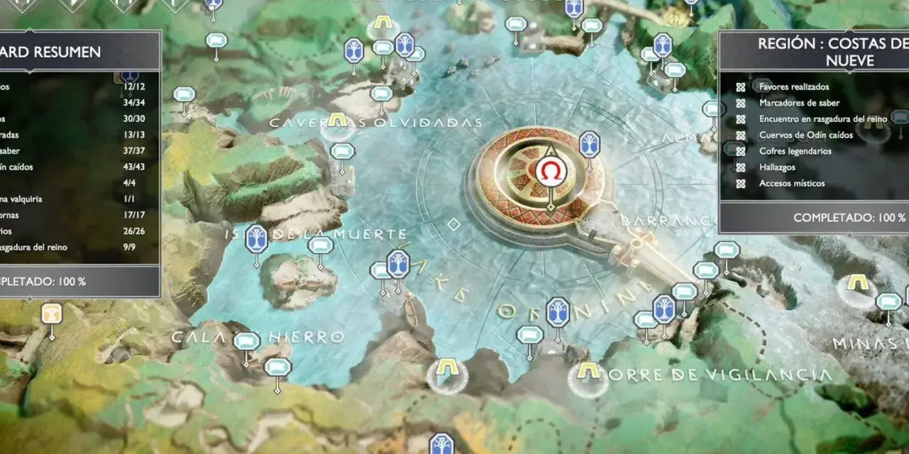 Mapa de Midgard, región Costas de Nueve. Busca el tesoro enterrado en el lago de los nueve.