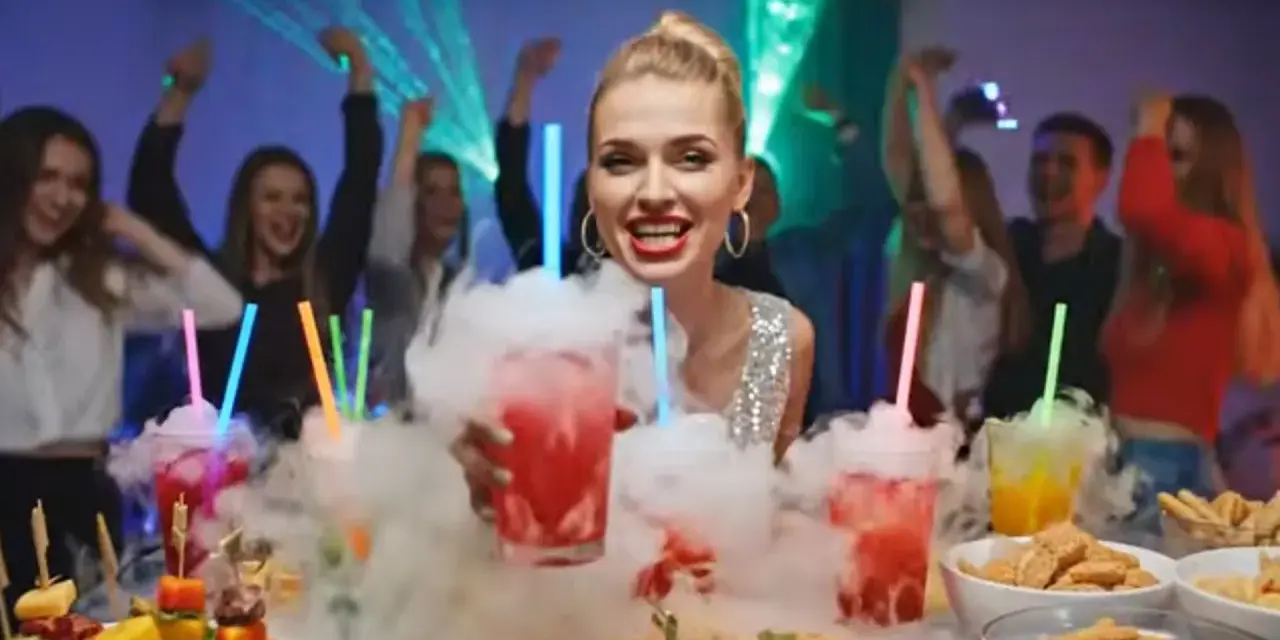 Dymiący drink przepis na imprezę. Kobieta z drinkiem w dymie, ludzie tańczą w tle.