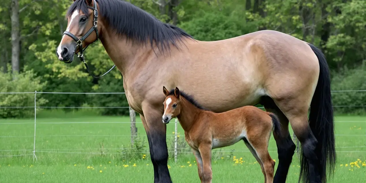 Un majestueux cheval de trait noir se tient aux côtés de son poulain brun dans un pré verdoyant.
