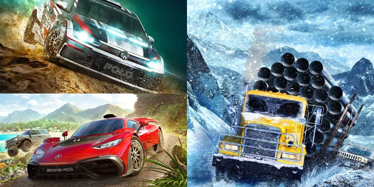 Wielkie wyścigi w grze z f1 game pass: rajdowy VW, czerwony supersamochód i żółta ciężarówka w śnieżnej zamieci.