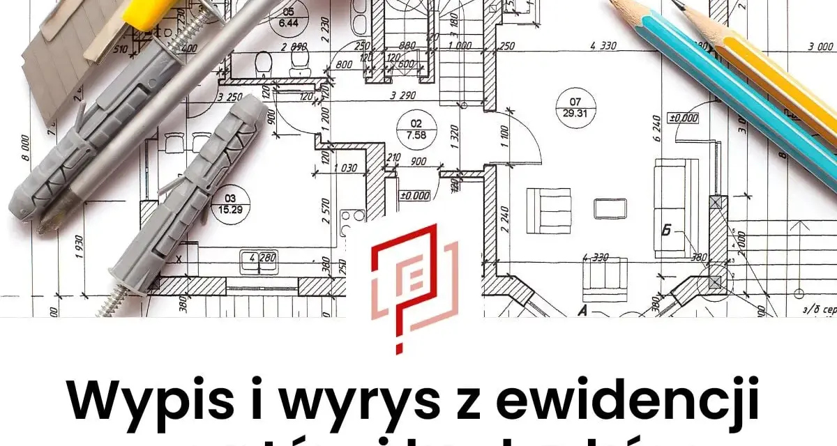 Narzędzia budowlane na planie architektonicznym. Wypis z rejestru gruntów i budynków.