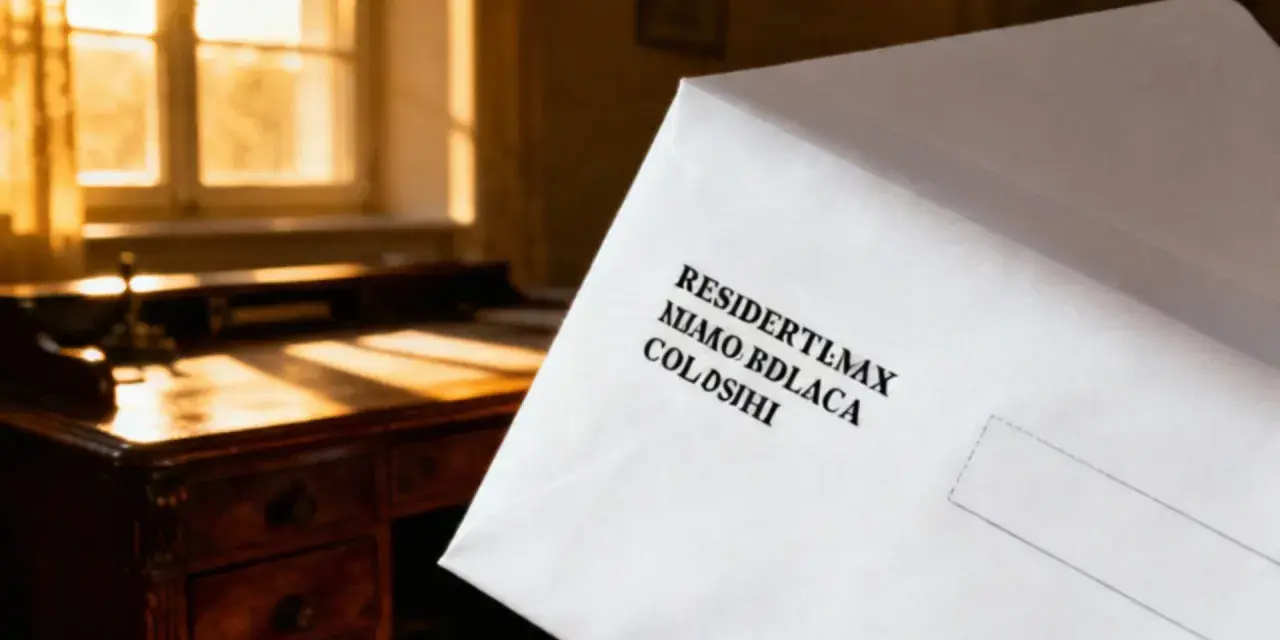 Biała koperta z tekstem "RESIDENTLMAX NIJMO BDLACA COLDSiHi" leży na biurku. Gdzie znaczek na kopercie?
