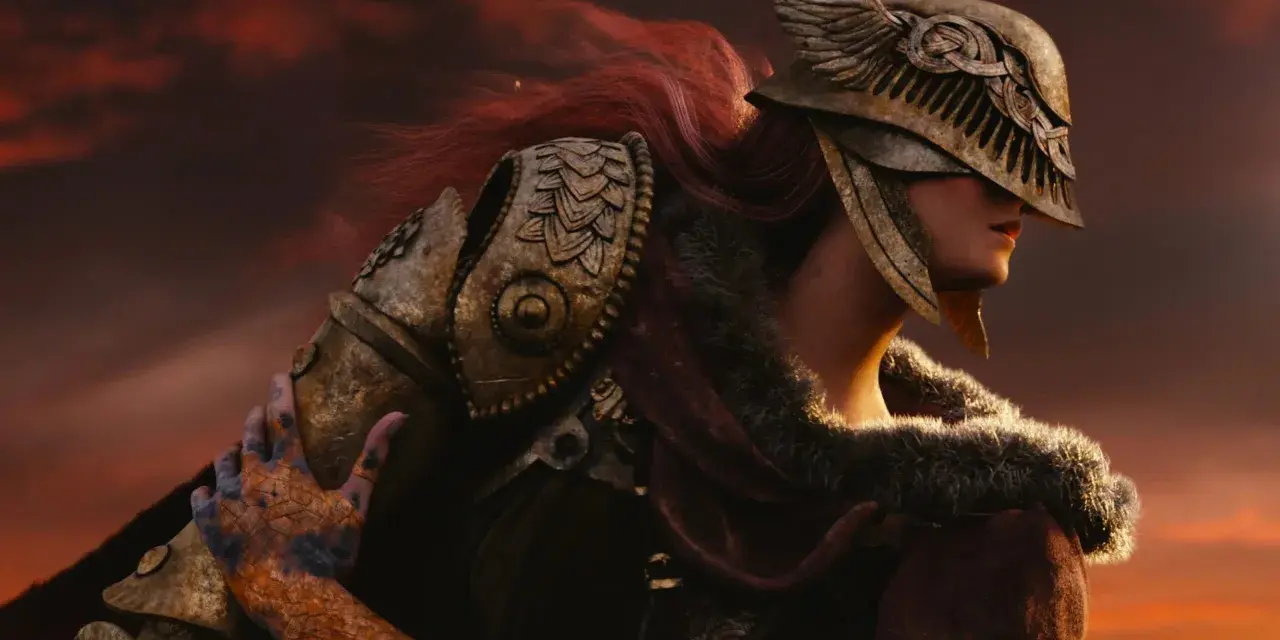 Malenia, la Espada de Miquella de Elden Ring, con su armadura dorada y cabello rojo, se alza contra un cielo anaranjado.