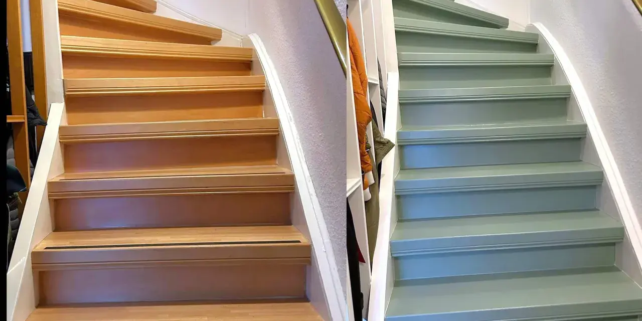 Vorher-Nachher-Vergleich: Eine Holztreppe wurde frisch gestrichen und erstrahlt nun in einem sanften Grünton.