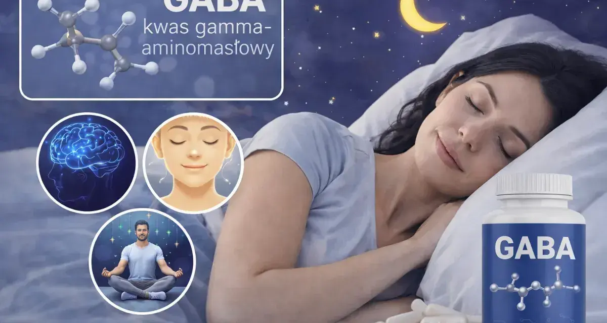 Kobieta śpi spokojnie, obok buteleczka suplementu GABA. Obrazek sugeruje relaks i dobry sen dzięki GABA.
