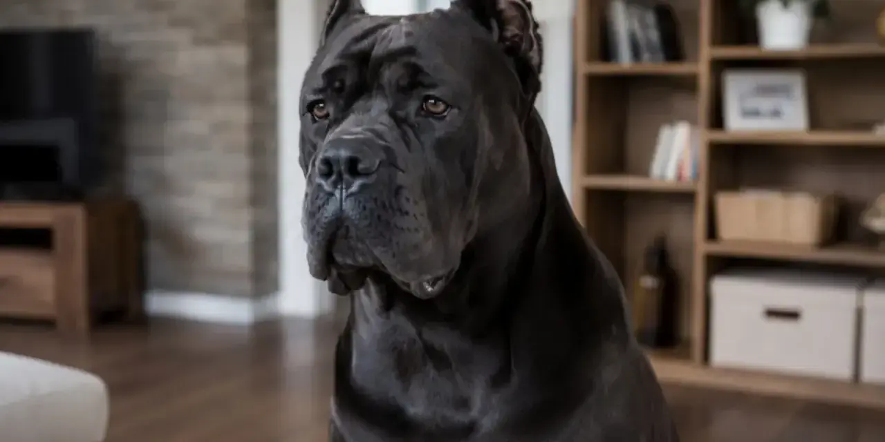 Potężny czarny pies rasy Cane Corso siedzi w salonie. Zastanawiasz się, ile kosztuje Cane Corso?