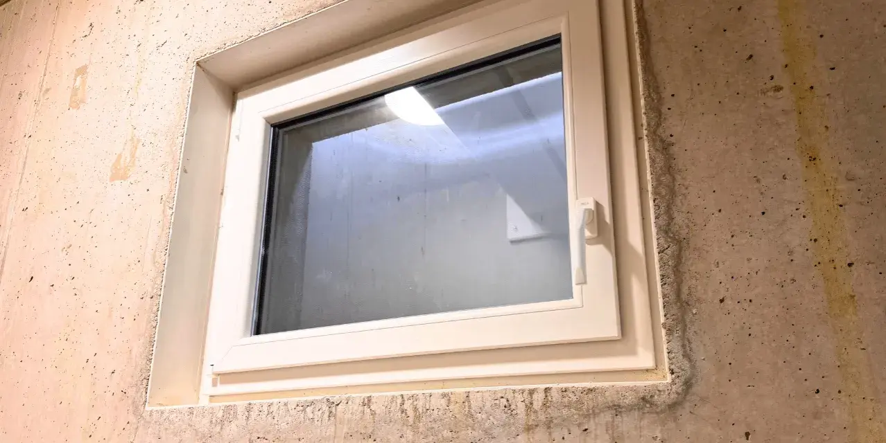 Ein neues, weißes Kellerfenster ist in eine Betonwand eingesetzt. Der Austausch des Kellerfensters verbessert die Dämmung und Sicherheit.