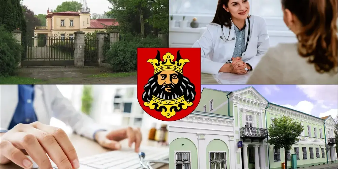 Lekarz medycyny pracy Lipno: konsultacja lekarska, wpisywanie danych na klawiaturze, budynek przychodni i herb miasta.