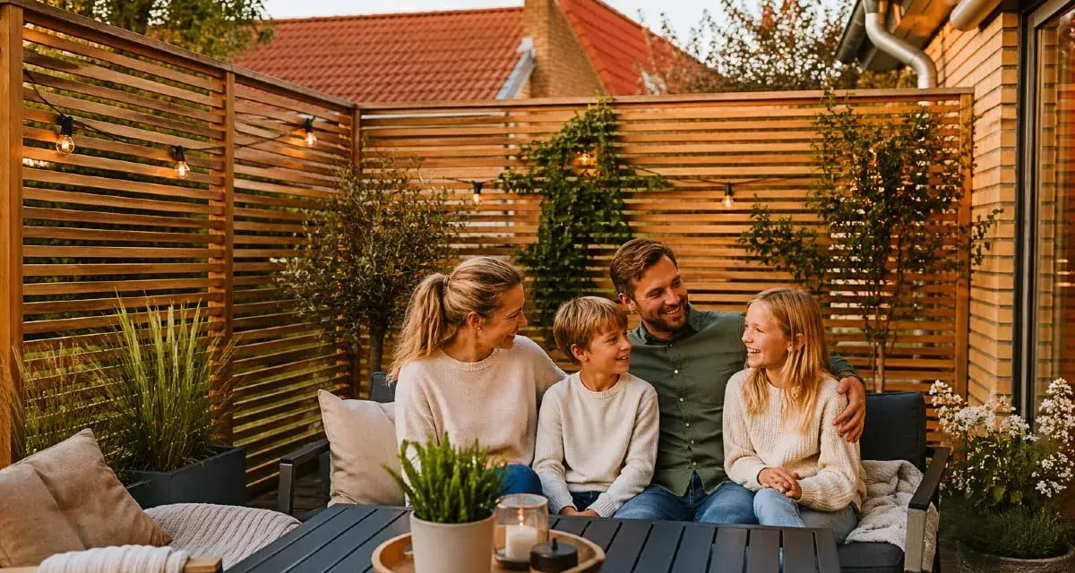 Familj njuter av kvällen på altanen bakom ett snyggt insynsskydd.