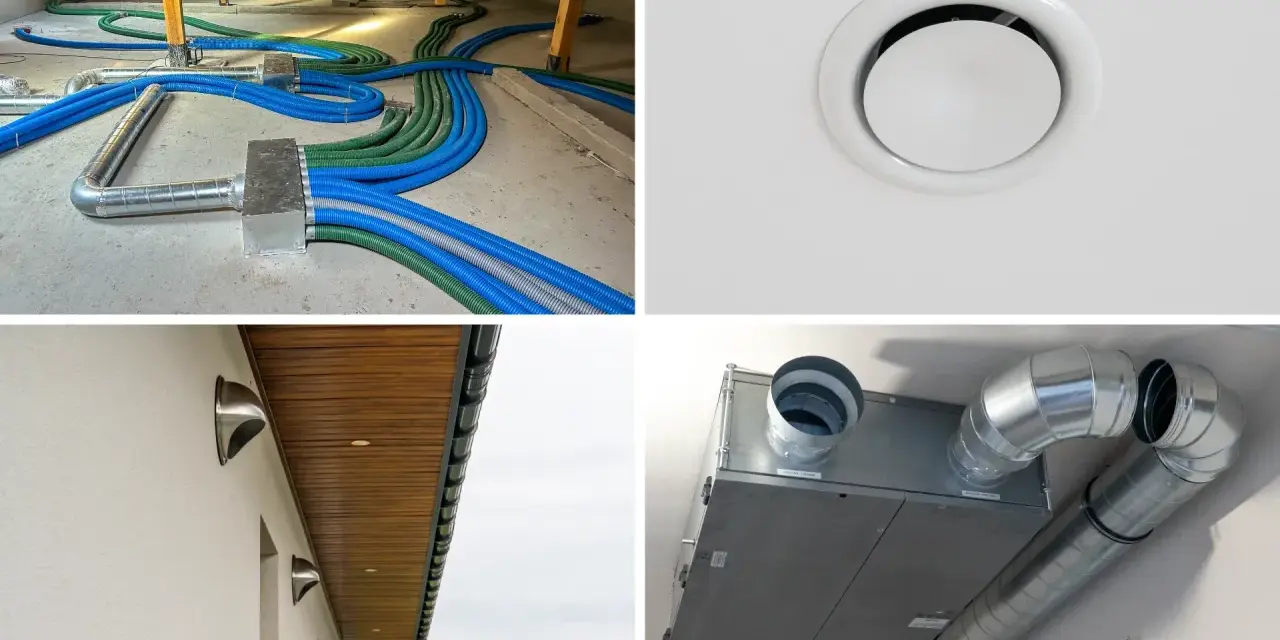 Instalacja kanałów wentylacji mechanicznej: rozdzielacz w poddaszu, kratka nawiewna, wyloty ścienne i rekuperator.
