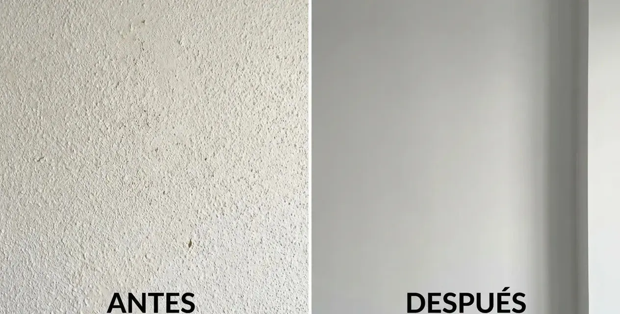 Antes (gotelé) y después (renovado). Se puede poner papel pintado en gotele para un acabado liso.