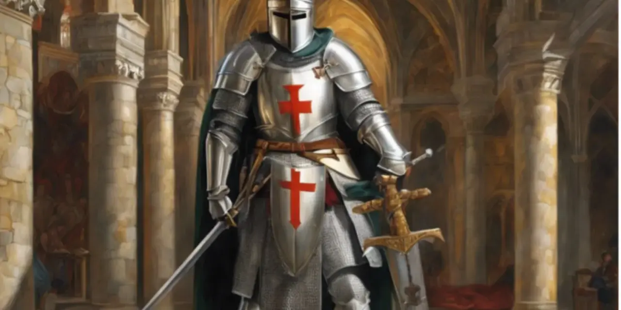 Rycerze Chrystusa w lśniących zbrojach, z mieczami i tarczami, stoją w majestatycznej katedrze.