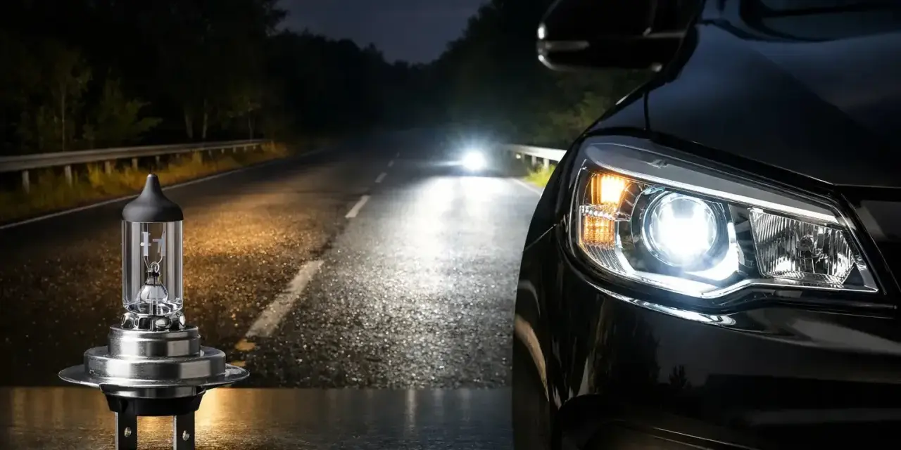 En strålkastare, en "night breaker", lyser upp en mörk väg. Bilens strålkastare lyser starkt.
