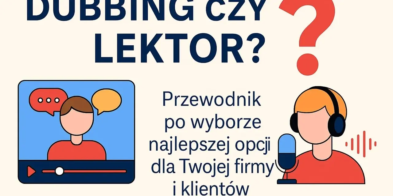 Dubbing czy lektor? Przewodnik po wyborze najlepszej opcji dla Twojej firmy i klientów. Ilustracje przedstawiające postacie z dymkami i mikrofonem.
