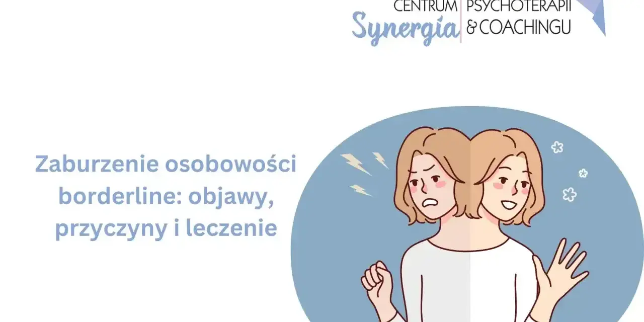 Ilustracja przedstawia osobę z dwoma twarzami, symbolizującą zmienne nastroje i trudności w relacjach, które mogą towarzyszyć borderline. Objawy są tu kluczowe.