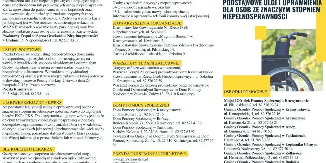 Informator o ulgach i uprawnieniach dla osób ze znacznym stopniem niepełnosprawności. Wózek inwalidzki na tle zieleni.