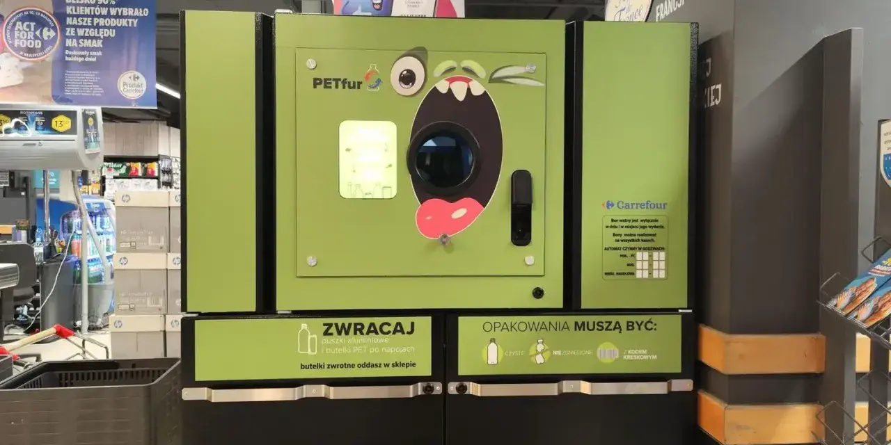 Zielony automat PETfur w sklepie Carrefour, gdzie oddać butelki bezzwrotne i puszki aluminiowe.