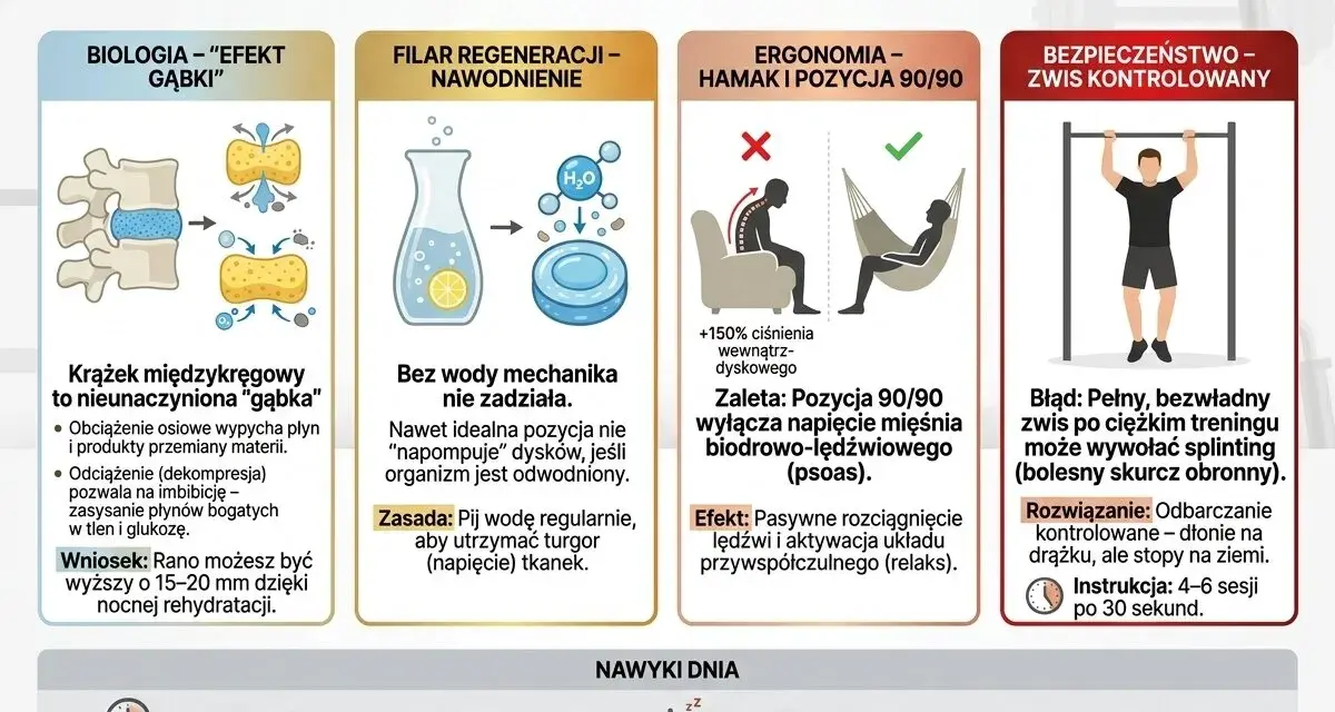 Krążki międzykręgowe jak gąbki potrzebują nawodnienia, by dobrze funkcjonować. Pij wodę regularnie, by utrzymać turgor tkanek.