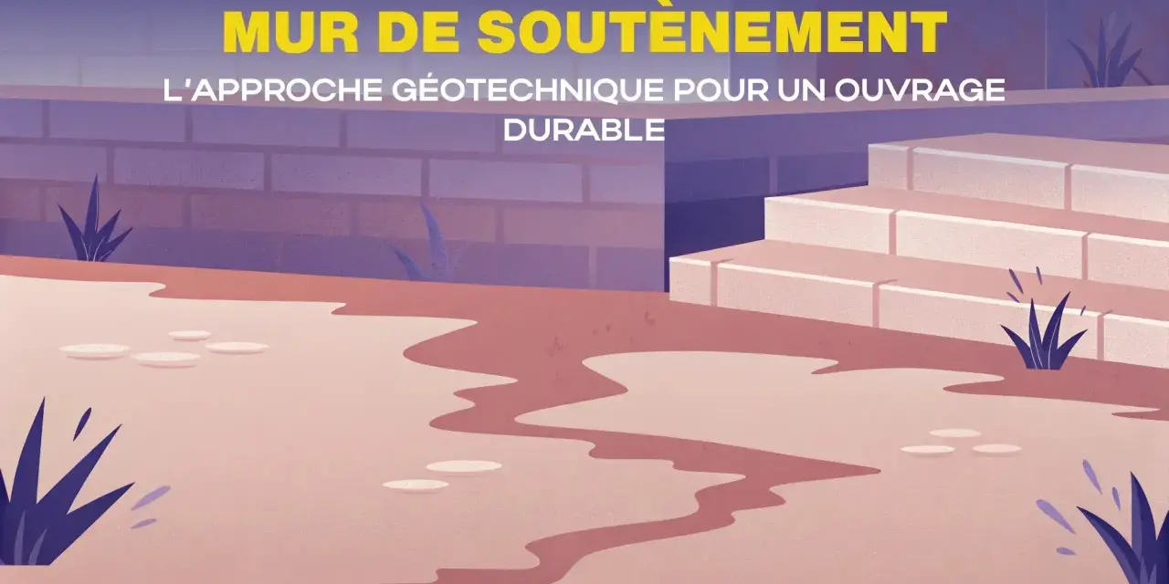 Illustration d'un mur de soutènement en briques, avec des marches en pierre et des plantes. Le titre "MUR DE SOUTÈNEMENT" est affiché.