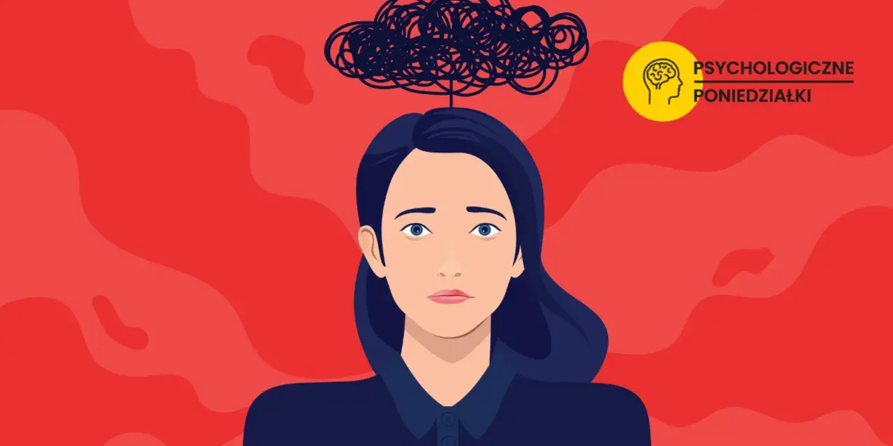 Ilustracja kobiety z kłębkiem czarnych myśli nad głową na czerwonym tle.