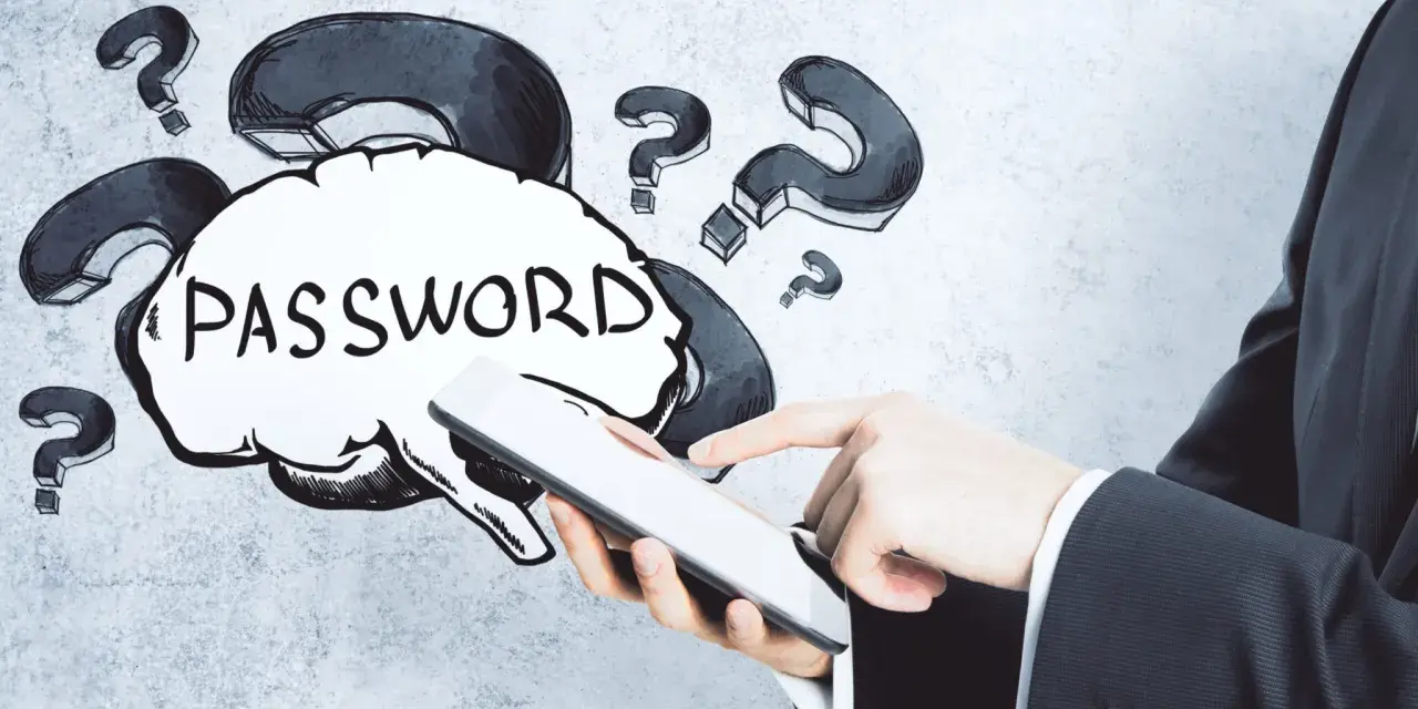Dłoń trzyma tablet, a nad nim chmurka z napisem "PASSWORD" i znaki zapytania. Jak wymyślić hasło?