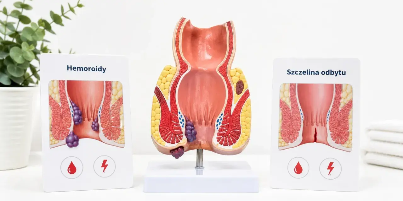 Model anatomiczny odbytu z zaznaczonymi hemoroidami. Choć obrazek dotyczy dorosłych, problem hemoroidów u dzieci również istnieje.
