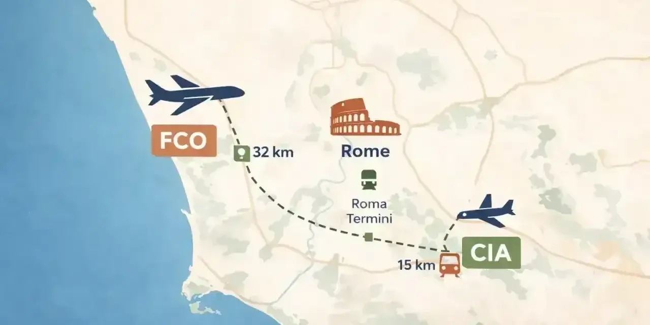 Mapa pokazuje lotniska w Rzymie: FCO (32 km od centrum) i CIA (15 km od Roma Termini).