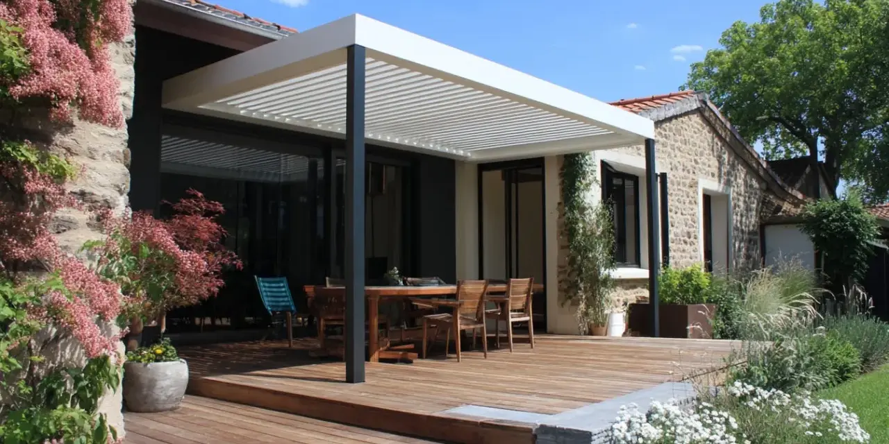 Une belle terrasse tropezienne en bois avec mobilier de jardin sous une pergola moderne. Le soleil brille sur la végétation luxuriante.