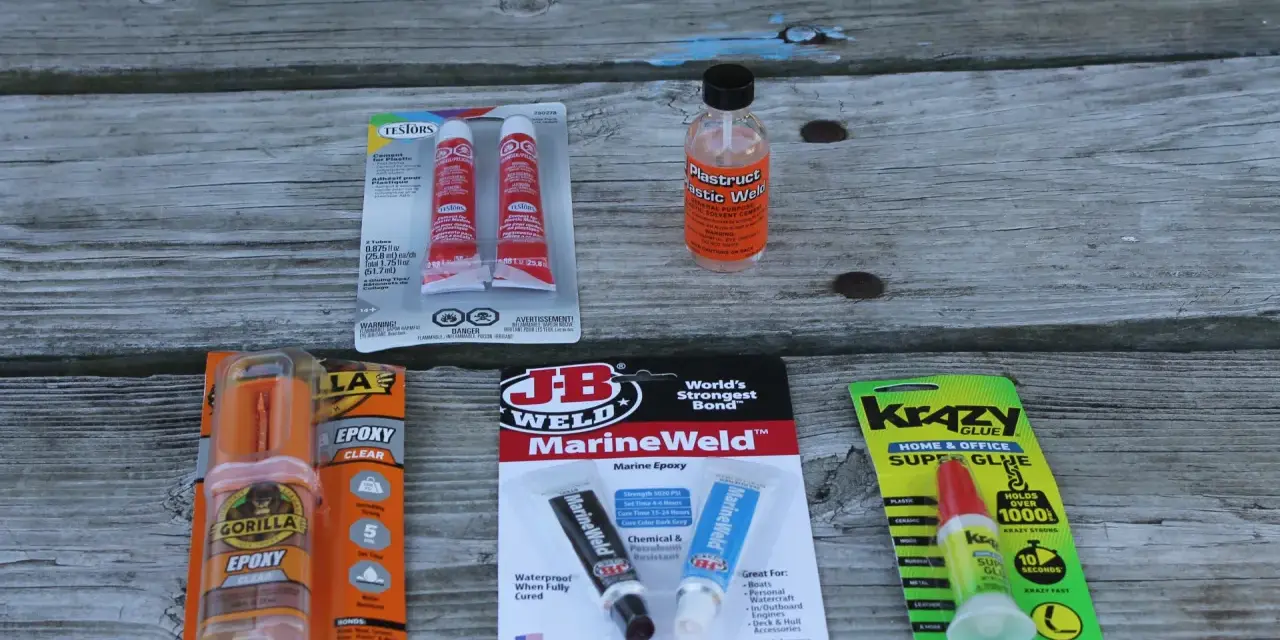 Exploring adhesives for plastic to metal: Gorilla Epoxy, JB Weld MarineWeld, and Krazy Glue are shown.