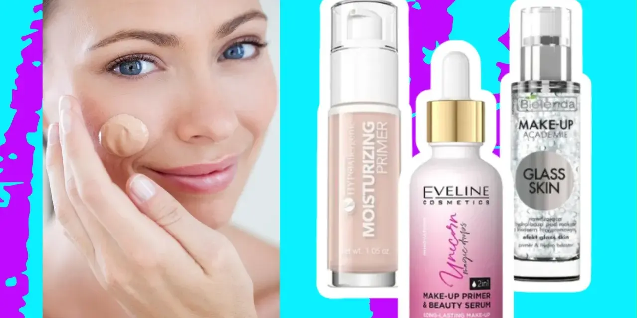 Kobieta aplikuje podkład, obok kosmetyki: baza pod makijaż Eveline Unicorn, nawilżający primer i baza pod makijaż Bielenda Glass Skin.