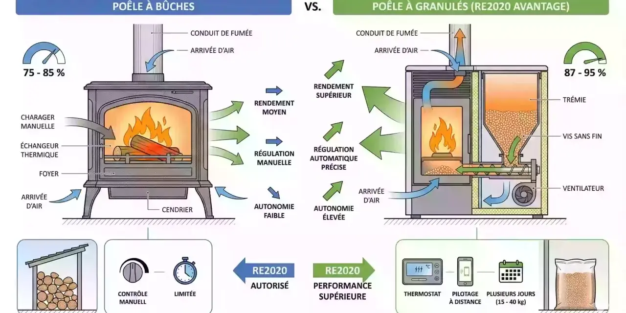 Comparaison poêle à bûches vs. poêle à granulés. Le poêle à granulés offre une meilleure autonomie et régulation automatique. La dimension poele a granule est optimisée pour le stockage.