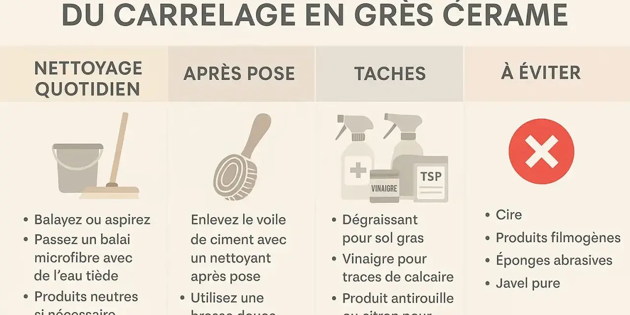 Guide d'entretien pour le nettoyage de carrelage neuf : quotidien, après pose, taches et produits à éviter.